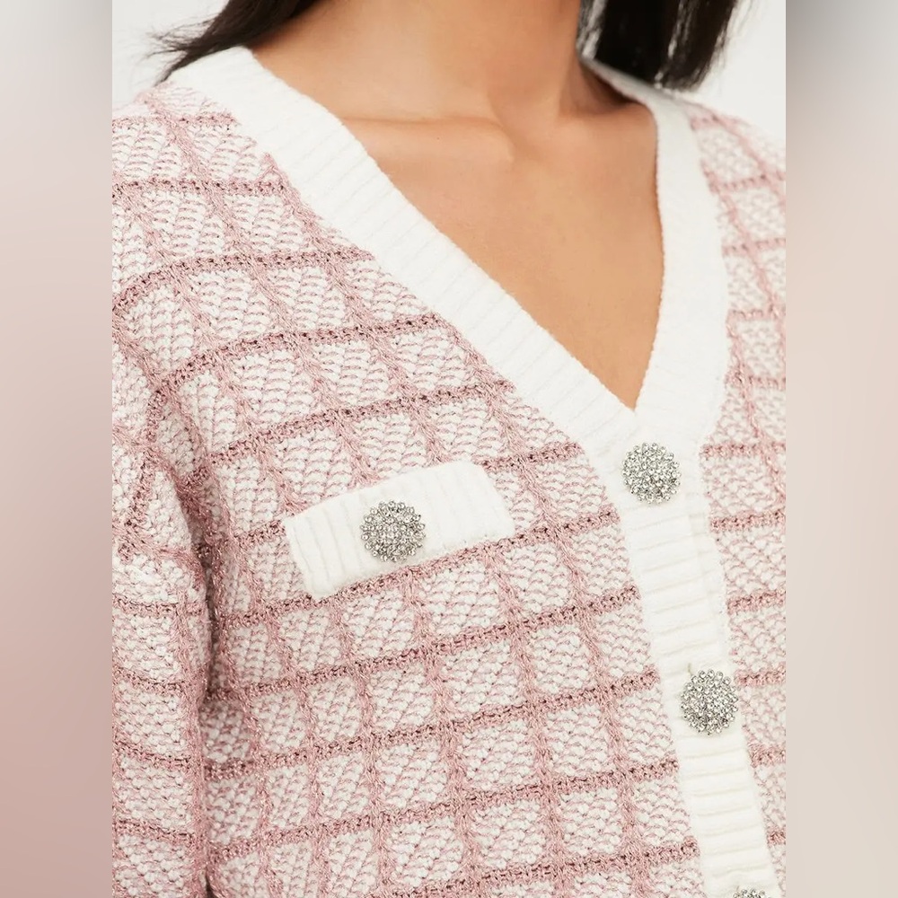Love Republic White Pink Silver Plaid Cardigan Jewel Buttons XS - Picture 2 of 9
